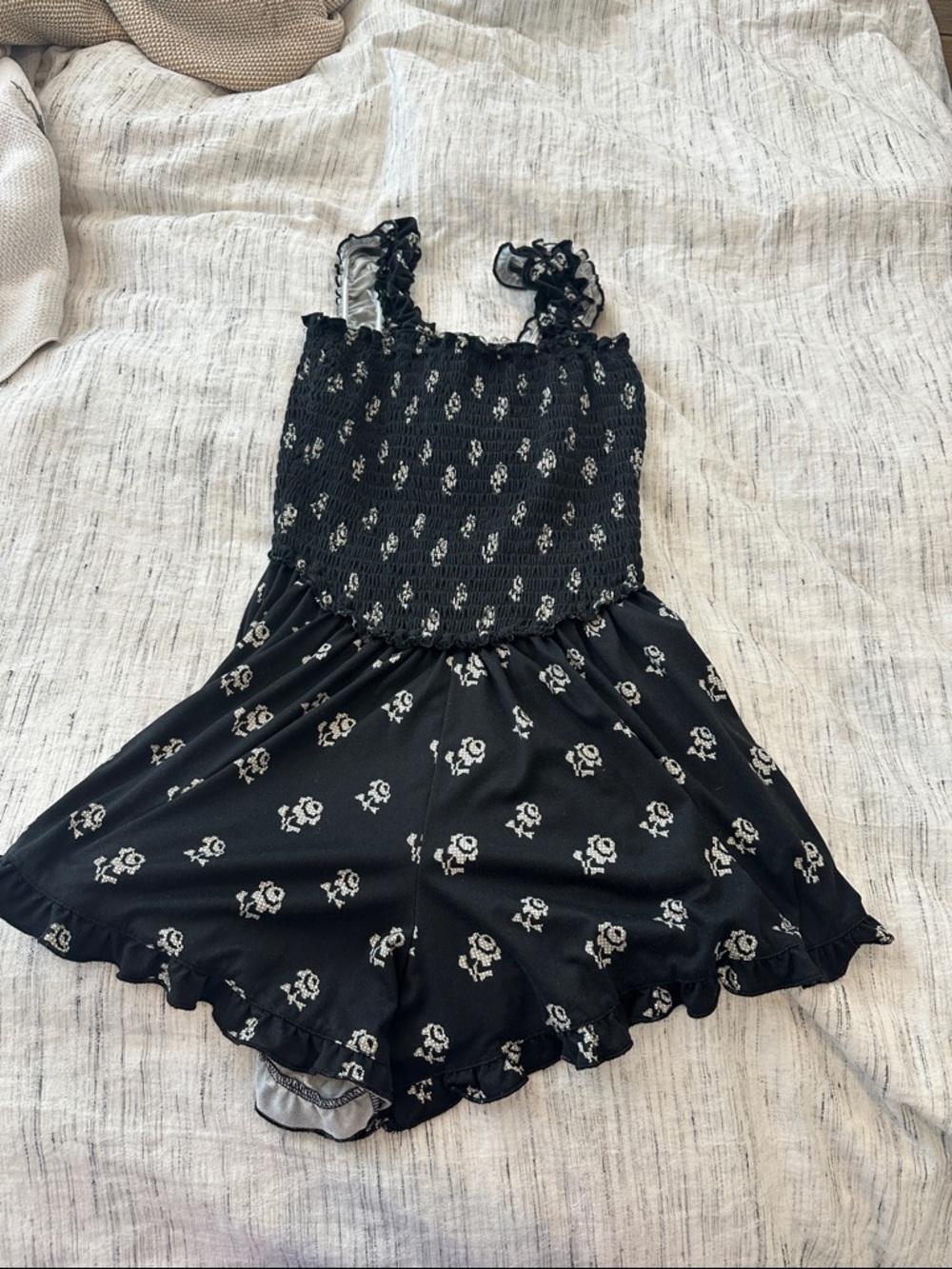 Urban Outfitters Black Floral Smocked Top with Ruffle Straps